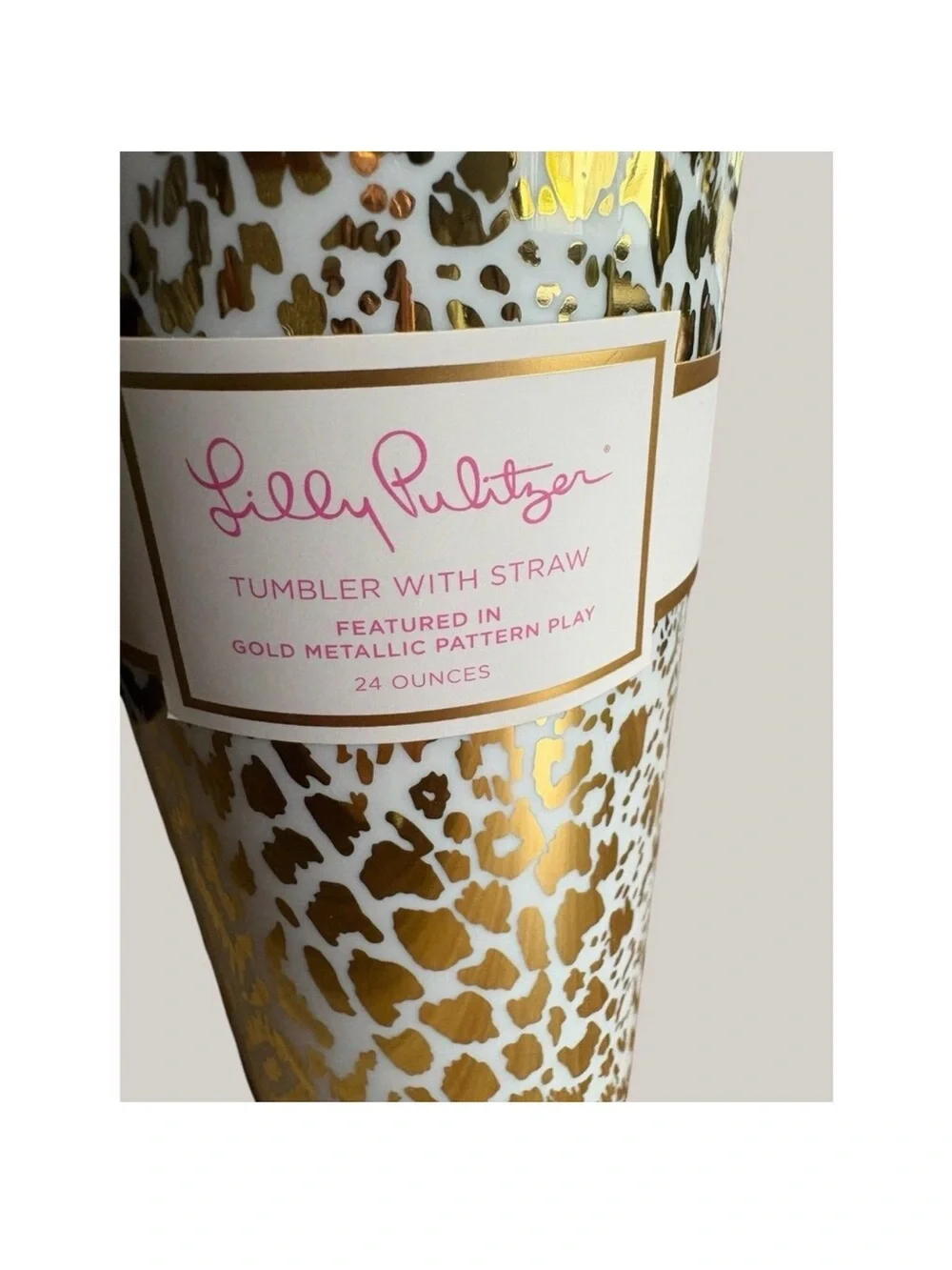 Lilly Pulitzer Gold Leopard 24 oz Tumbler with Pink Straw